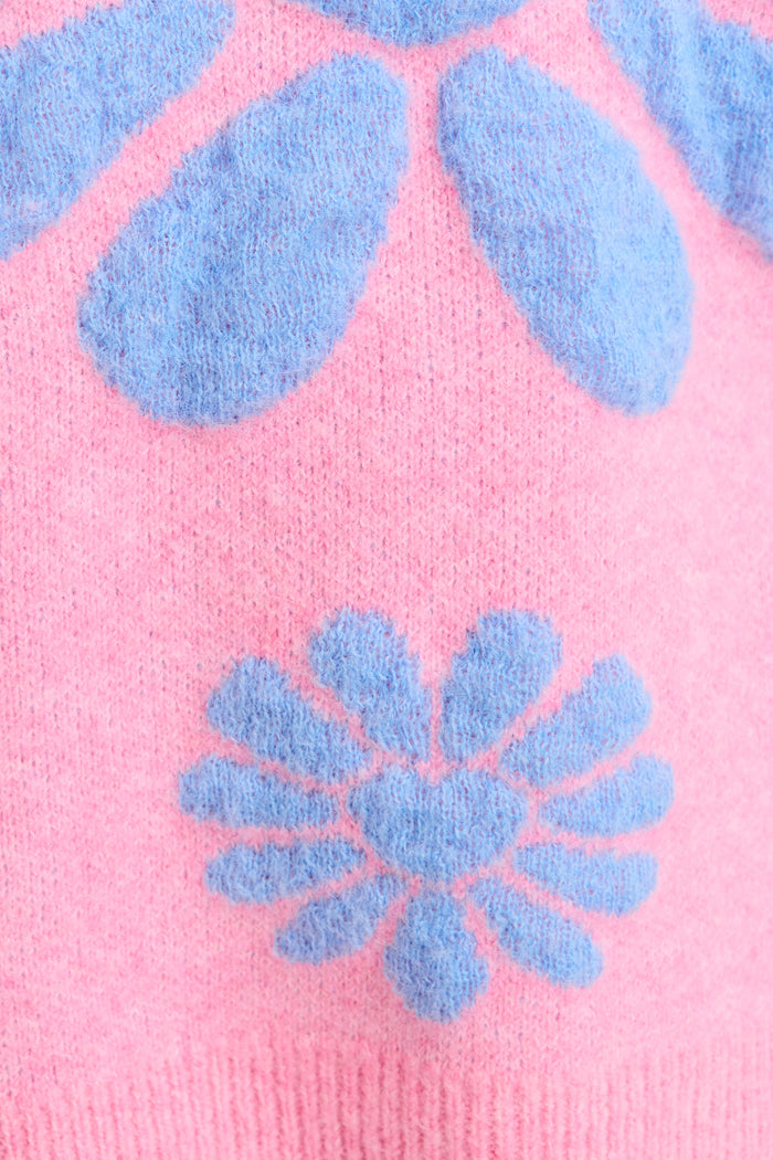Flower Power Knit in Pink with Blue Flower Wool Blend fabric