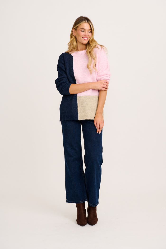 Winter Escape Knit in Pink with Navy Colourblock Wool Blend full length