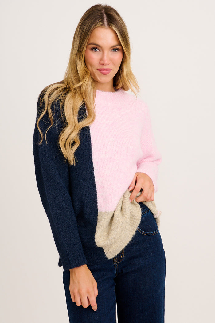 Winter Escape Knit in Pink with Navy Colourblock Wool Blend front