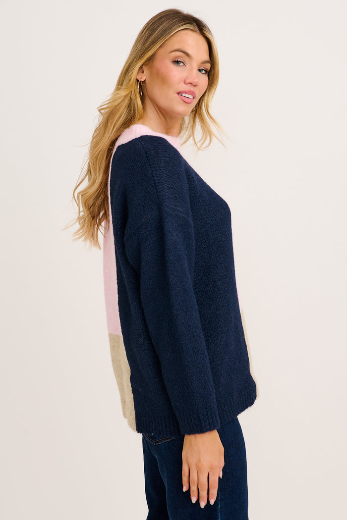 Winter Escape Knit in Pink with Navy Colourblock Wool Blend side
