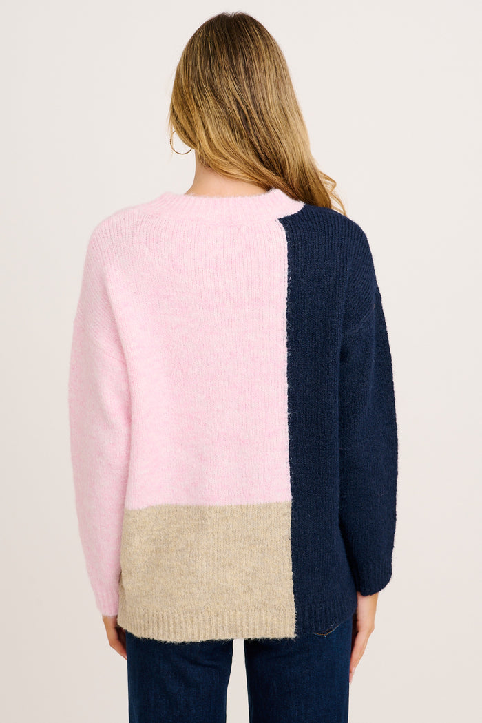 Winter Escape Knit in Pink with Navy Colourblock Wool Blend back