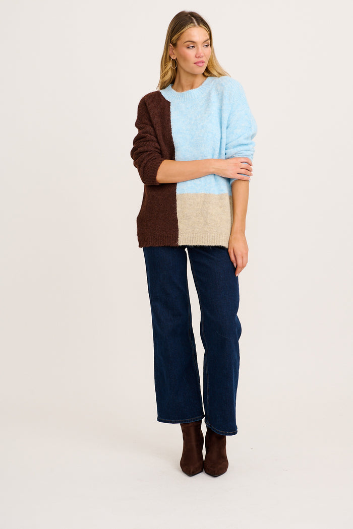 Winter Escape Knit in Blue with Brown Colourblock Wool Blend full length