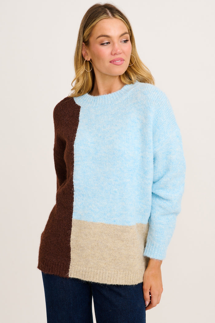 Winter Escape Knit in Blue with Brown Colourblock Wool Blend front