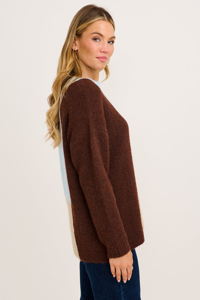 Winter Escape Knit in Blue with Brown Colourblock Wool Blend side