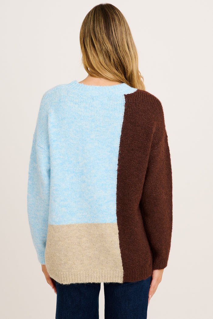 Winter Escape Knit in Blue with Brown Colourblock Wool Blend back