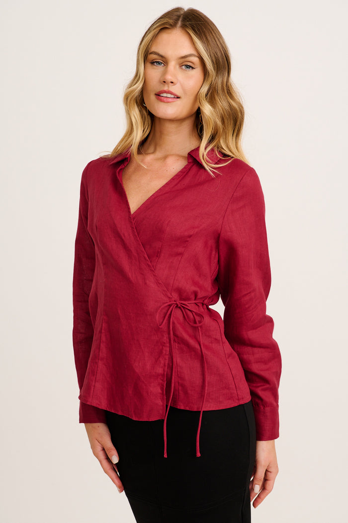 Sea Breeze Wrap Top in Wine Linen front