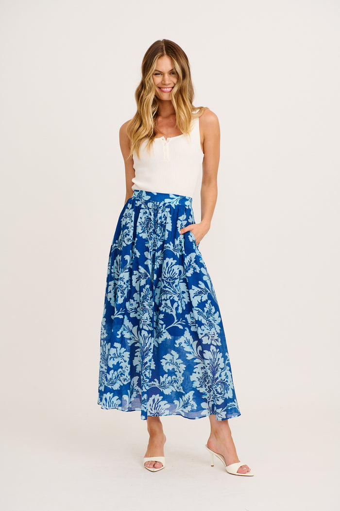Days In Bloom Maxi Skirt in Blue Floral full length