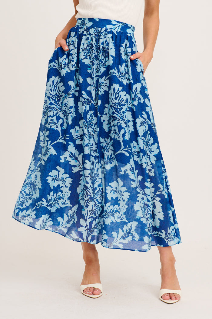 Days In Bloom Maxi Skirt in Blue Floral front