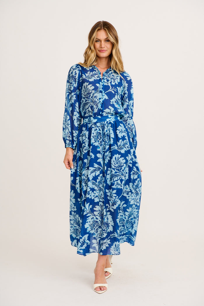 Days In Bloom Maxi Skirt in Blue Floral full length set
