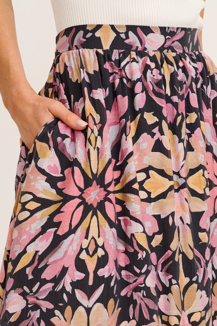 Days In Bloom Maxi Skirt in Black Multi Floral detail