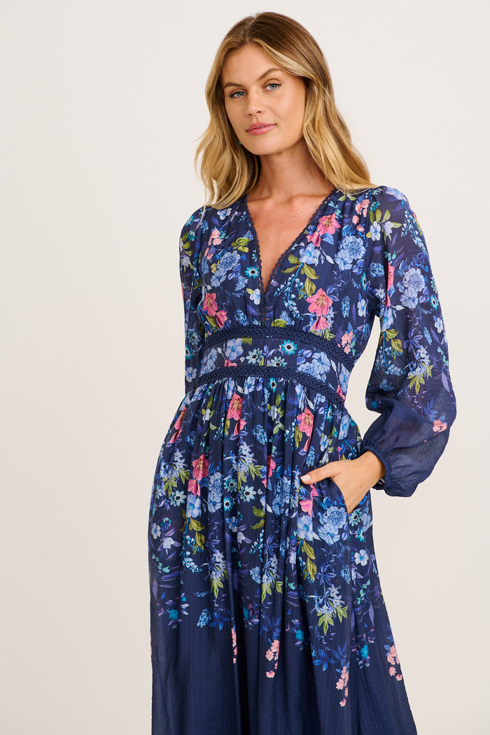 Soft Shades Maxi Dress in Navy Floral front