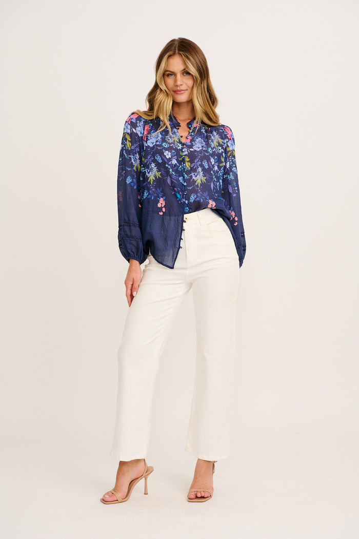 Ready or Not Top in Navy Floral full length