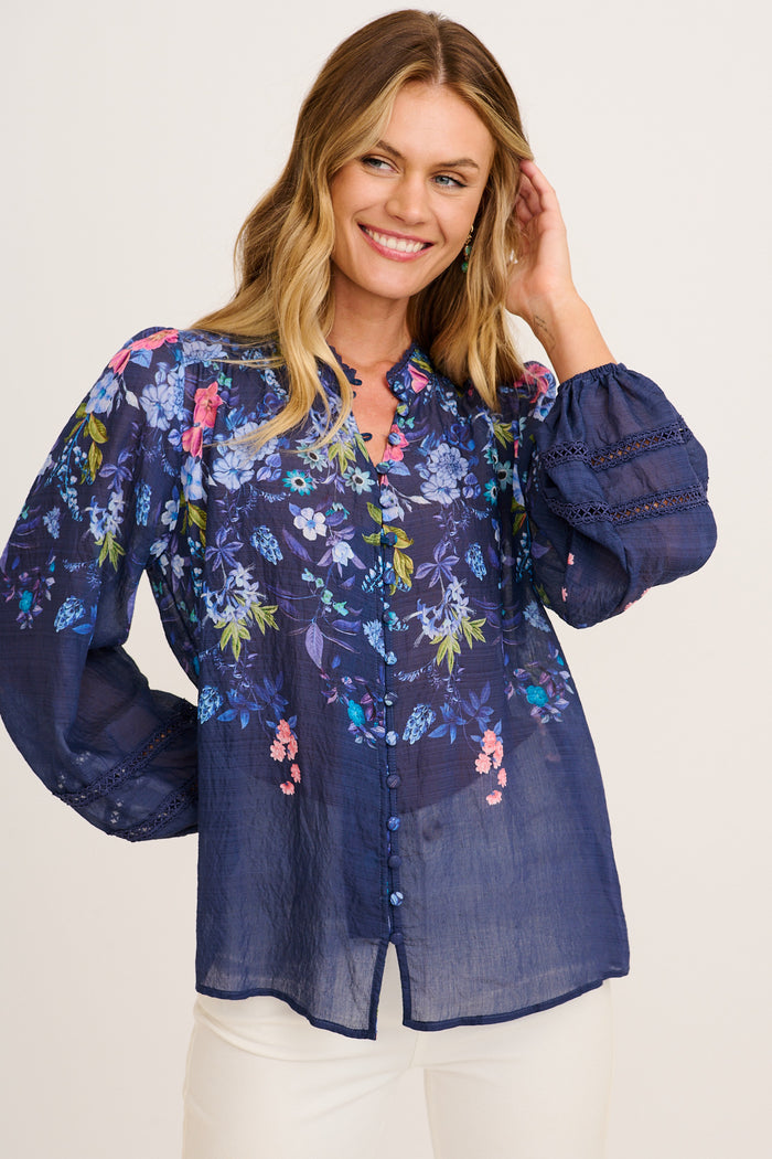 Ready or Not Top in Navy Floral front
