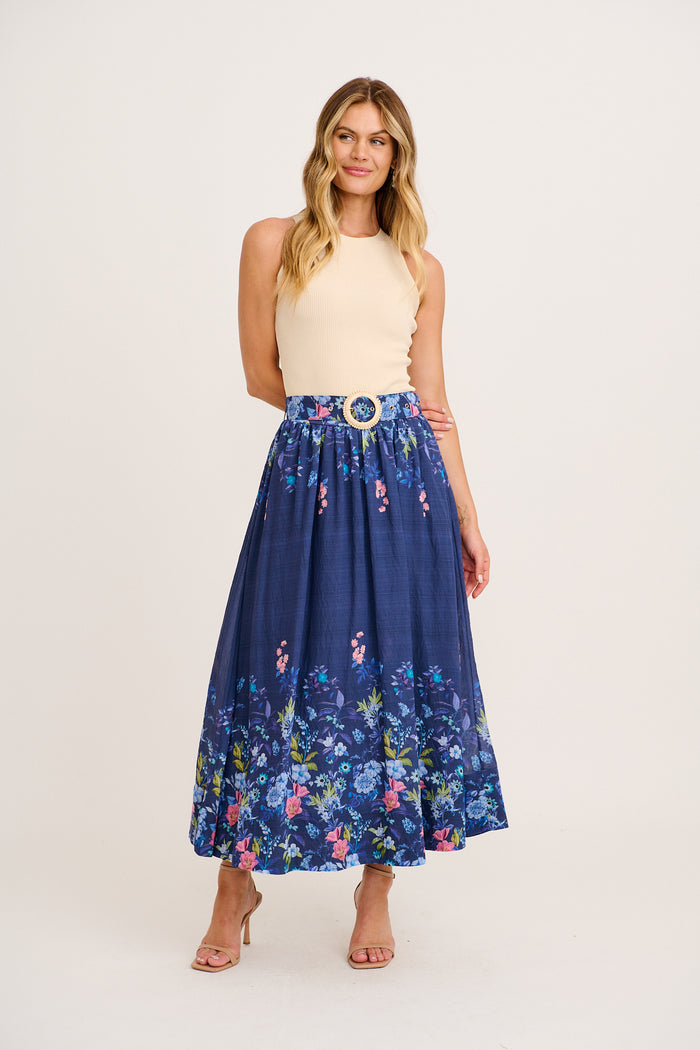 Floating Clouds Maxi Skirt in Navy Floral full length