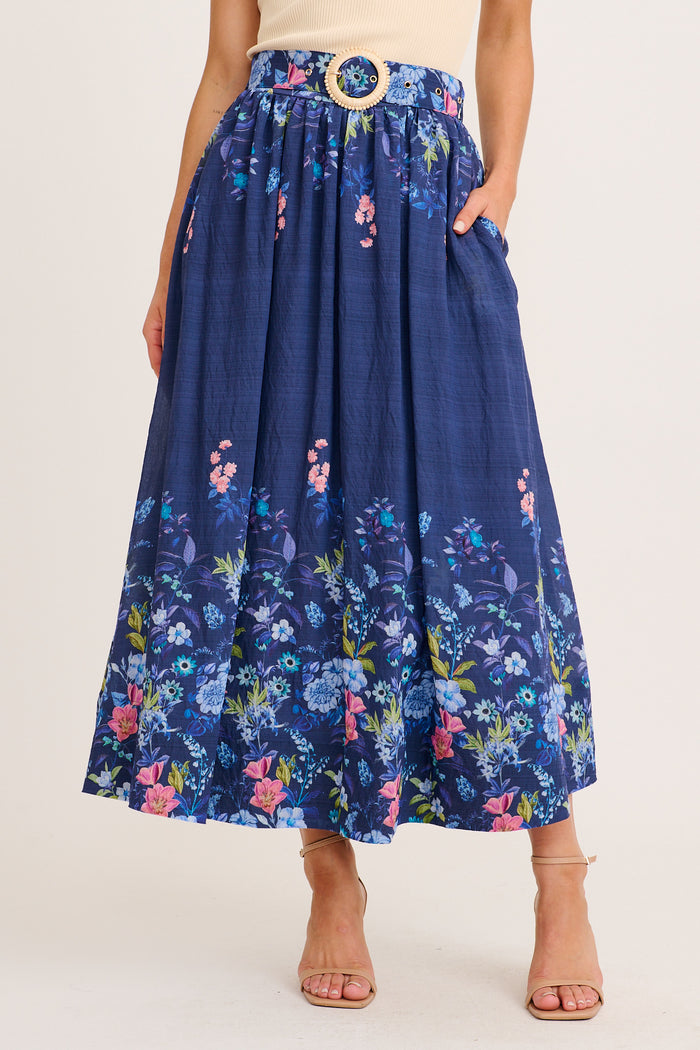 Floating Clouds Maxi Skirt in Navy Floral front