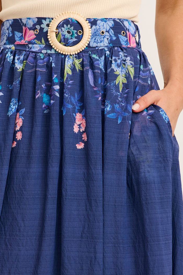 Floating Clouds Maxi Skirt in Navy Floral detail