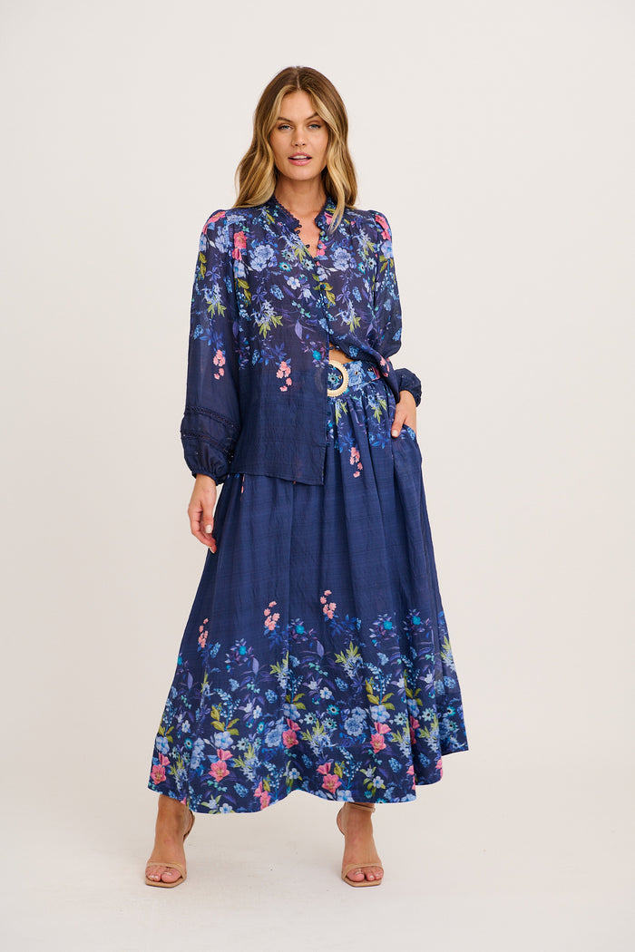 Floating Clouds Maxi Skirt in Navy Floral full length set
