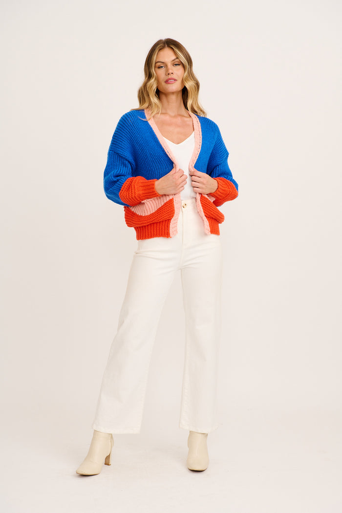 Dreamcatcher Knit Cardigan in Cobalt Blue with Pink Wool Blend full length