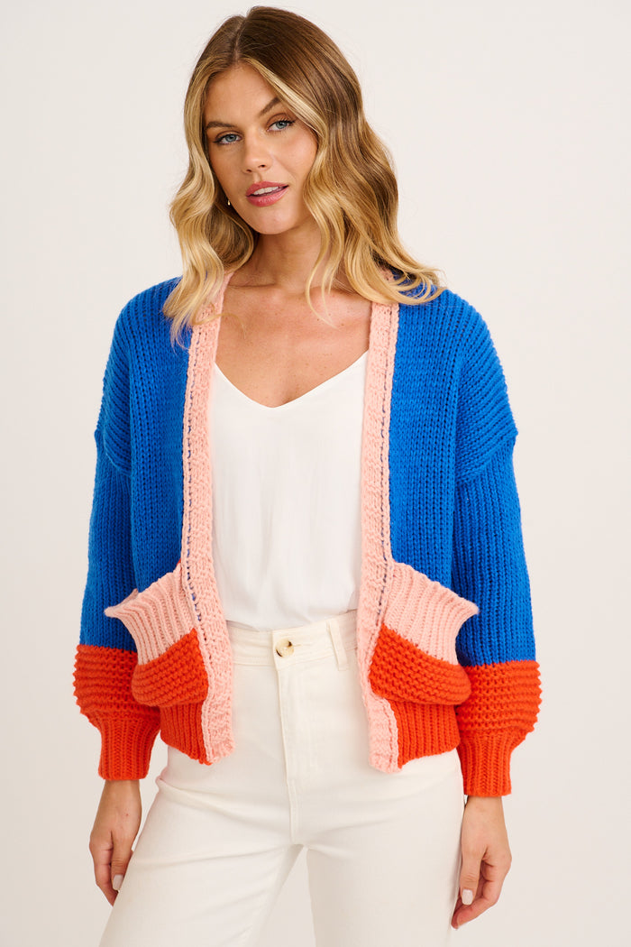 Dreamcatcher Knit Cardigan in Cobalt Blue with Pink Wool Blend front
