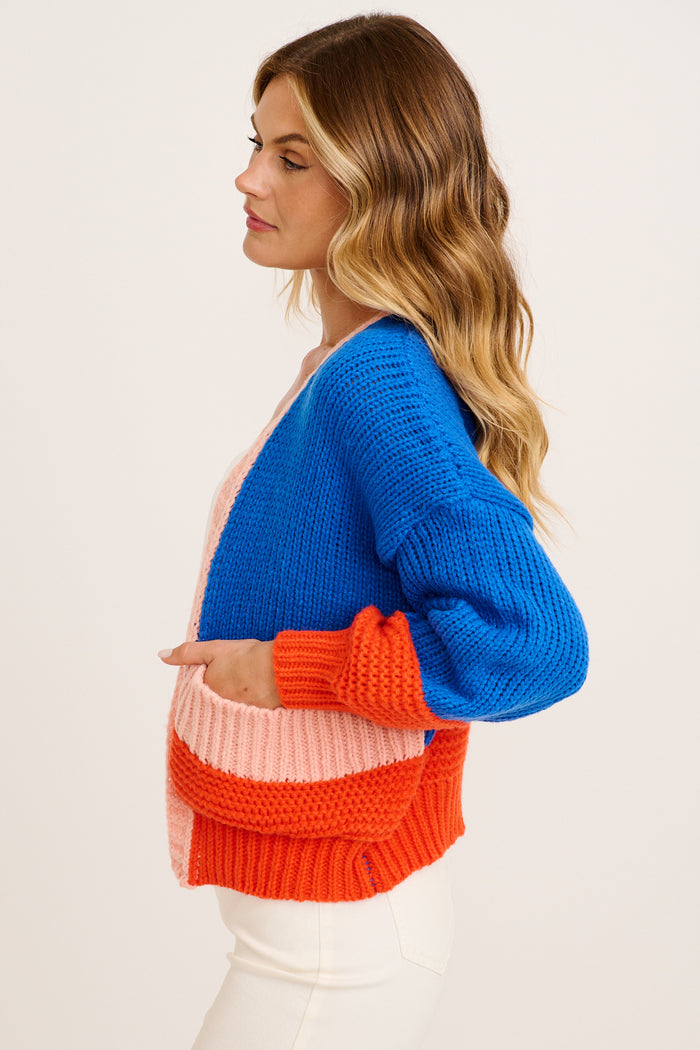 Dreamcatcher Knit Cardigan in Cobalt Blue with Pink Wool Blend side