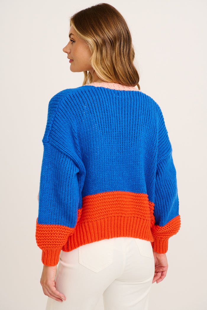 Dreamcatcher Knit Cardigan in Cobalt Blue with Pink Wool Blend back