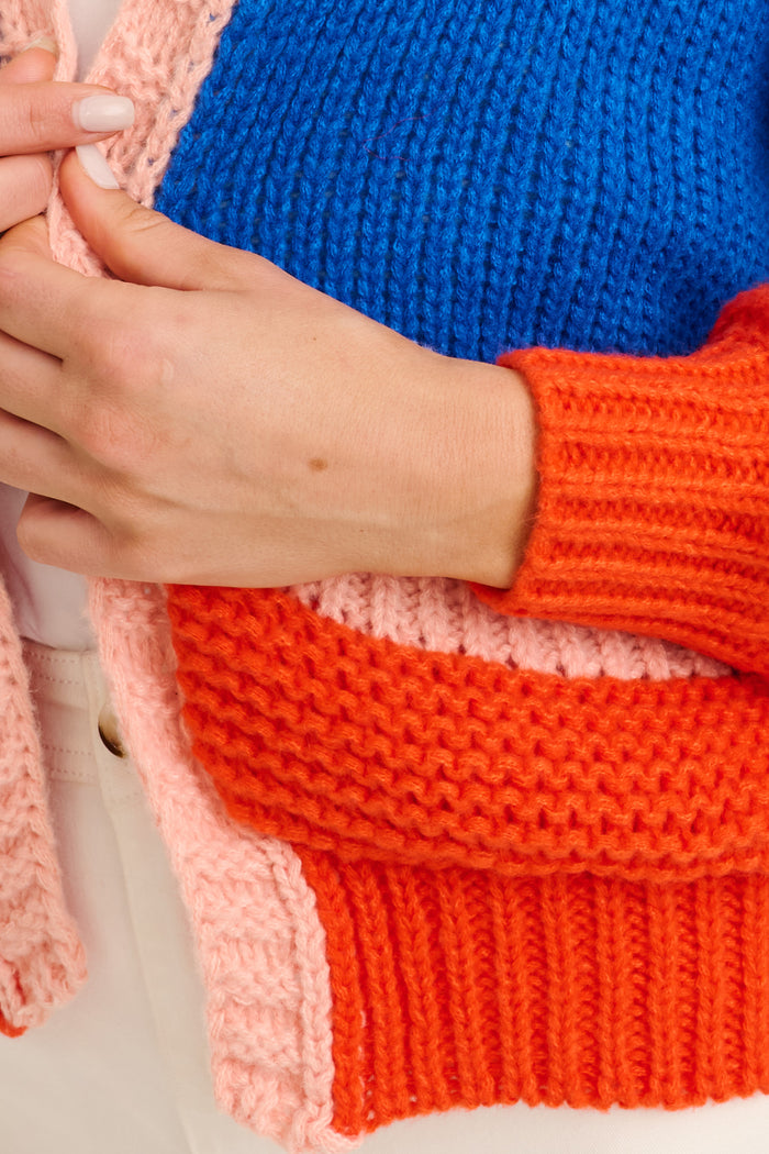 Dreamcatcher Knit Cardigan in Cobalt Blue with Pink Wool Blend detail