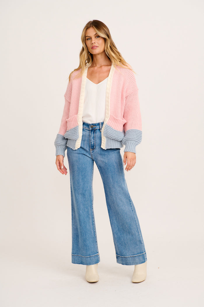 Dreamcatcher Knit Cardigan in Pink with Blue Wool Blend full length