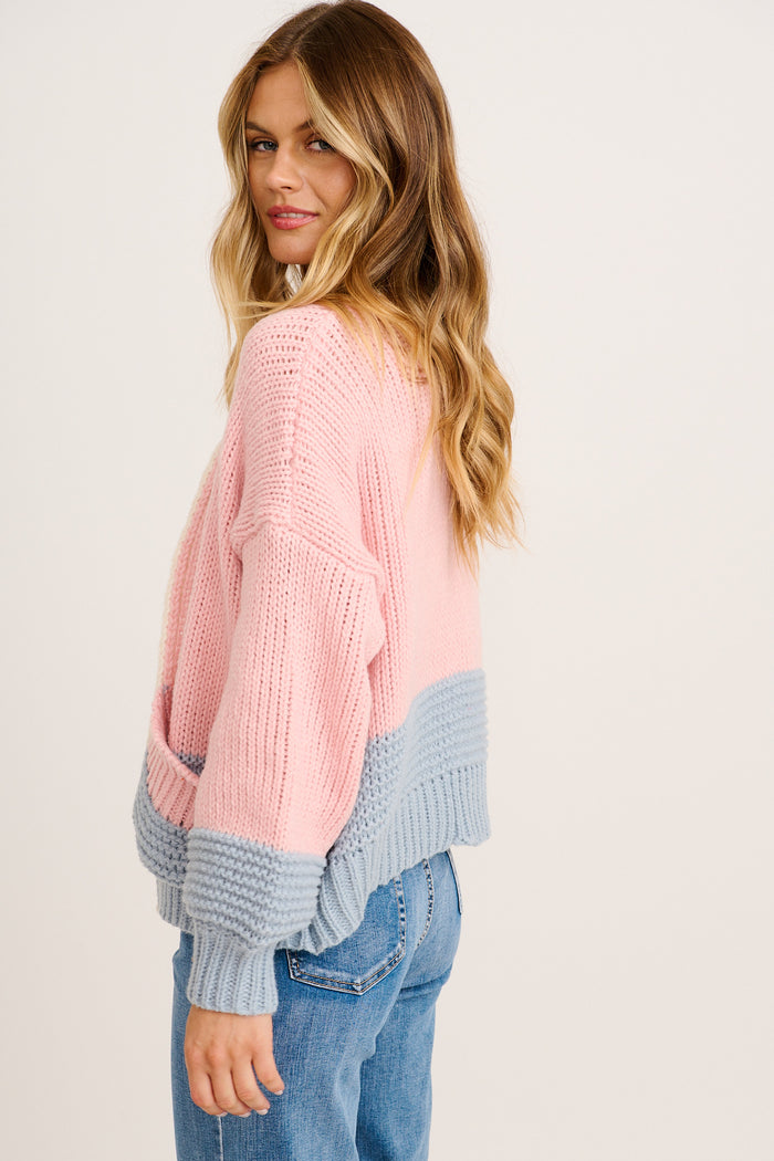 Dreamcatcher Knit Cardigan in Pink with Blue Wool Blend side