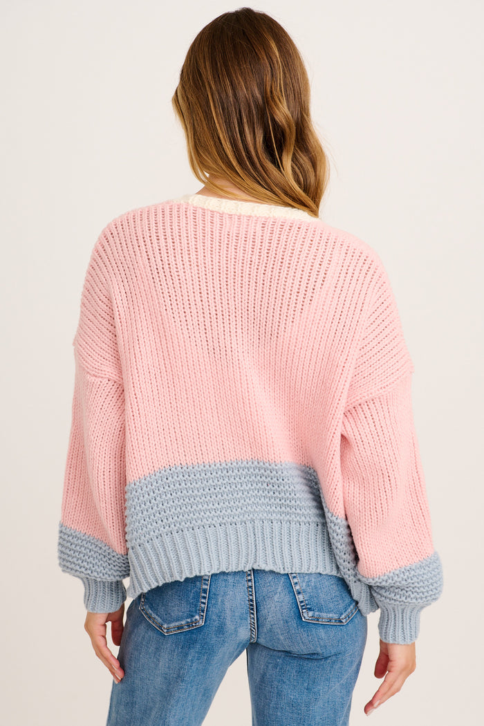 Dreamcatcher Knit Cardigan in Pink with Blue Wool Blend back