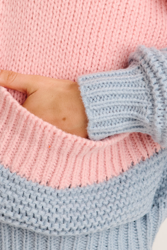 Dreamcatcher Knit Cardigan in Pink with Blue Wool Blend detail