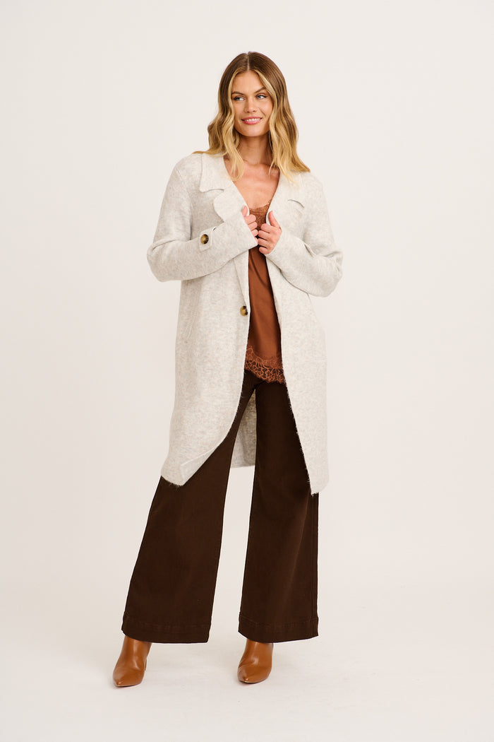 Twirl And Knit Coatigan in Grey Marle Wool Blend full length