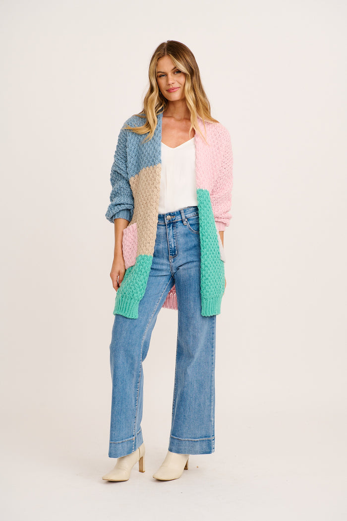 Feather Soft Knit Cardigan in Multi Blue and Green Wool Blend full length