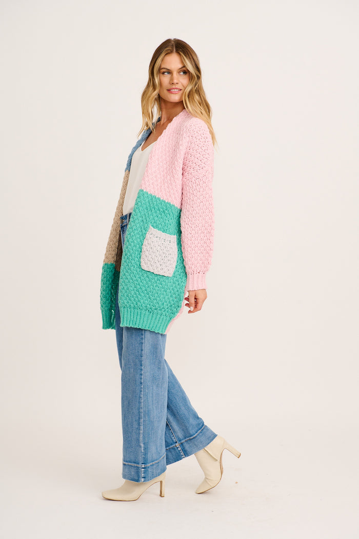Feather Soft Knit Cardigan in Multi Blue and Green Wool Blend side