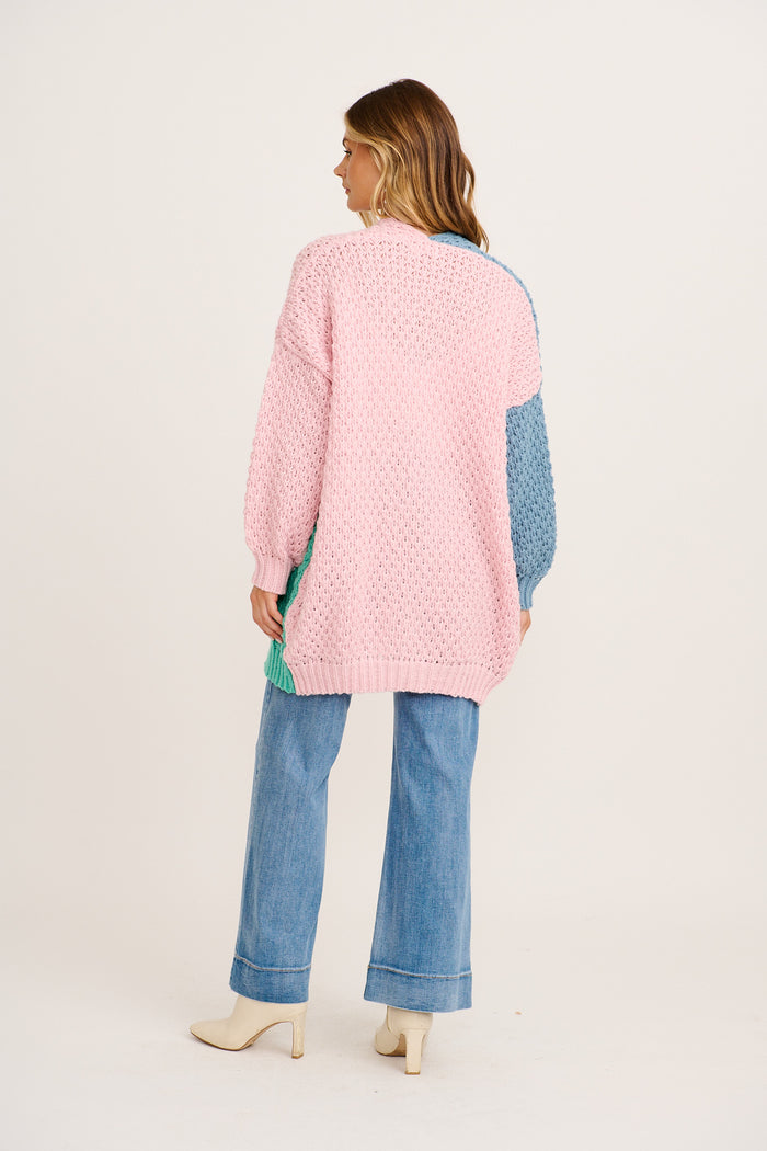 Feather Soft Knit Cardigan in Multi Blue and Green Wool Blend back