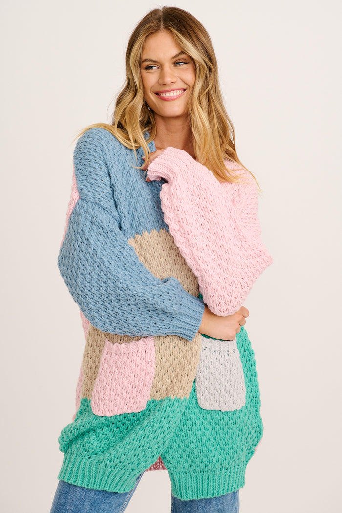 Feather Soft Knit Cardigan in Multi Blue and Green Wool Blend front