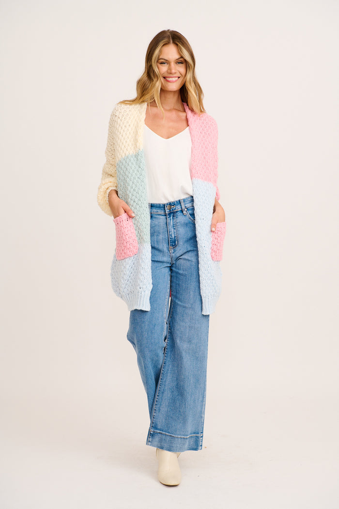 Feather Soft Knit Cardigan in Multi Cream and Pink Wool Blend full length