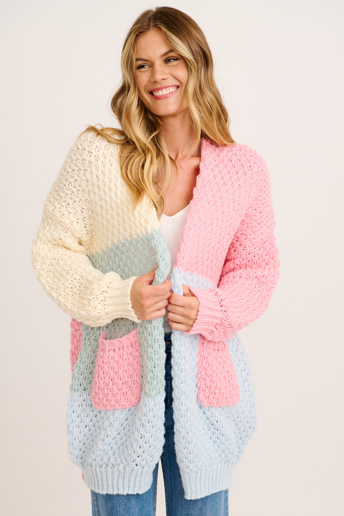 Feather Soft Knit Cardigan in Multi Cream and Pink Wool Blend front