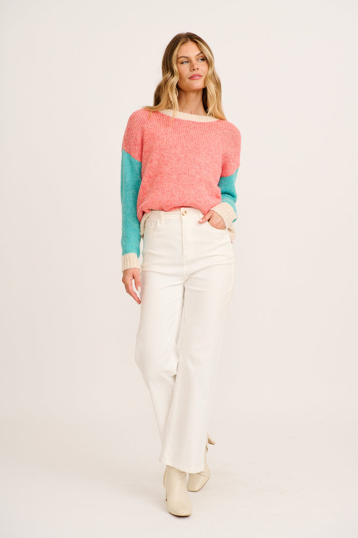 Winter Blush Knit in Pink with Blue Colourblock Wool Blend full length