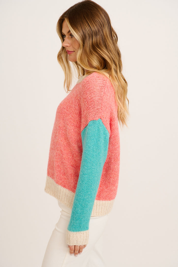 Winter Blush Knit in Pink with Blue Colourblock Wool Blend side