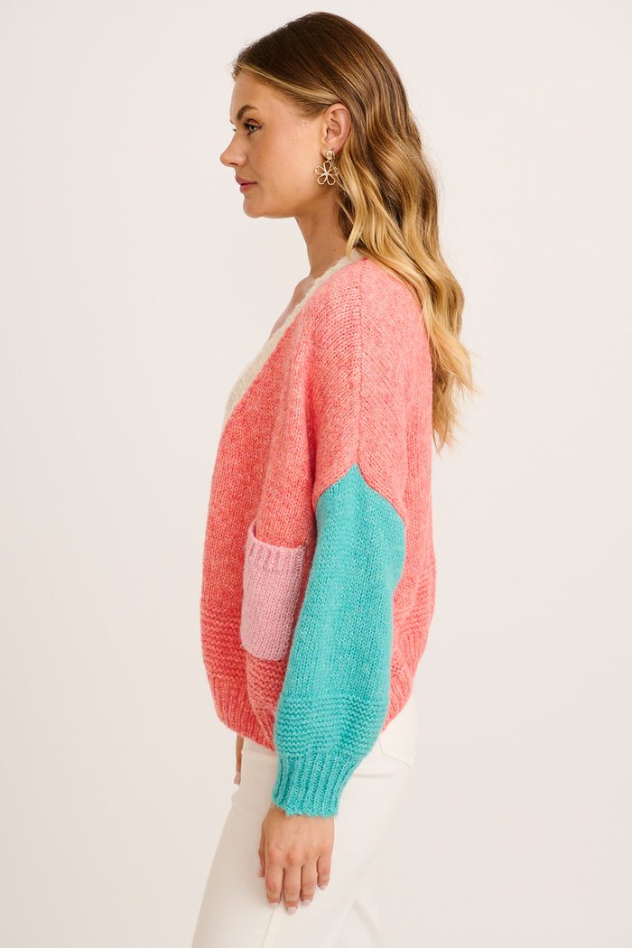 Soft Sprinkle Knit Cardigan in Pink with Blue Colourblock Wool Blend side