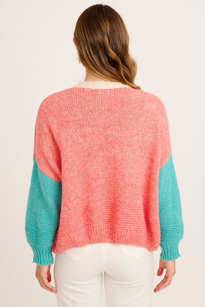 Soft Sprinkle Knit Cardigan in Pink with Blue Colourblock Wool Blend back