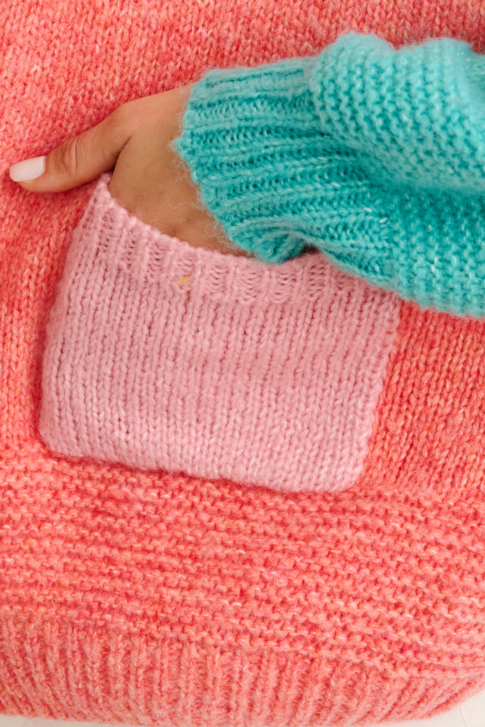 Soft Sprinkle Knit Cardigan in Pink with Blue Colourblock Wool Blend detail