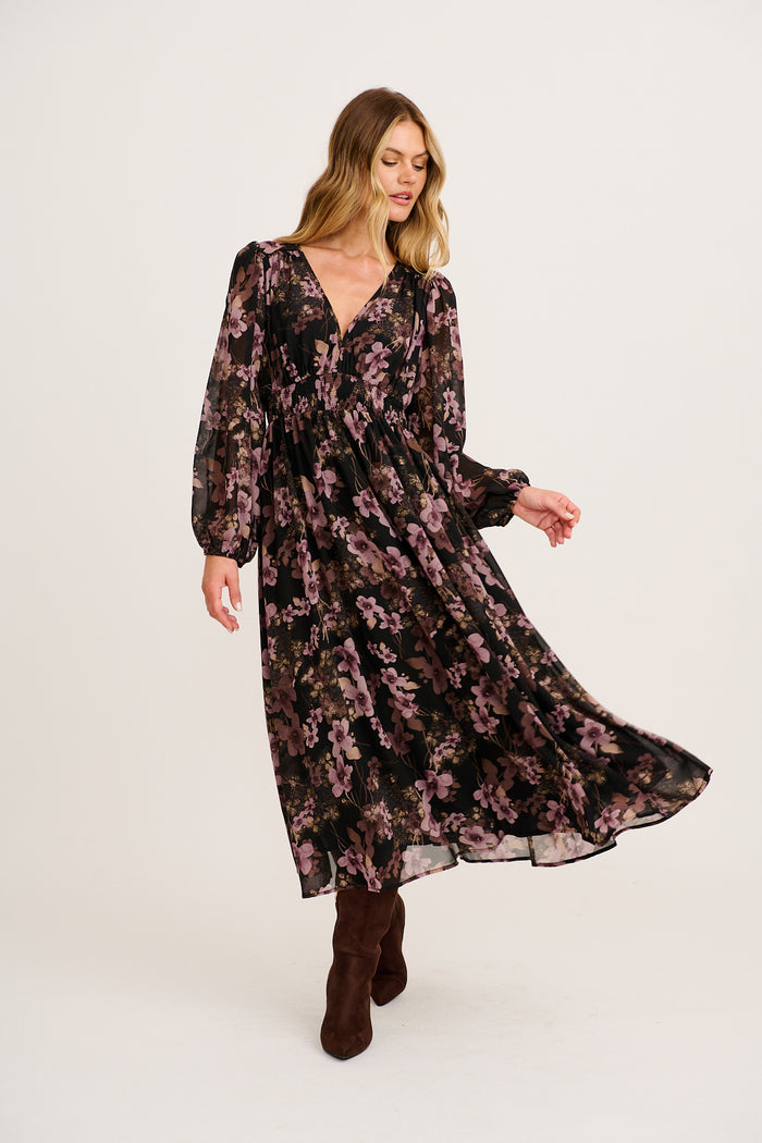 Seeking Thrills Maxi Dress in Black Floral Chiffon full length
