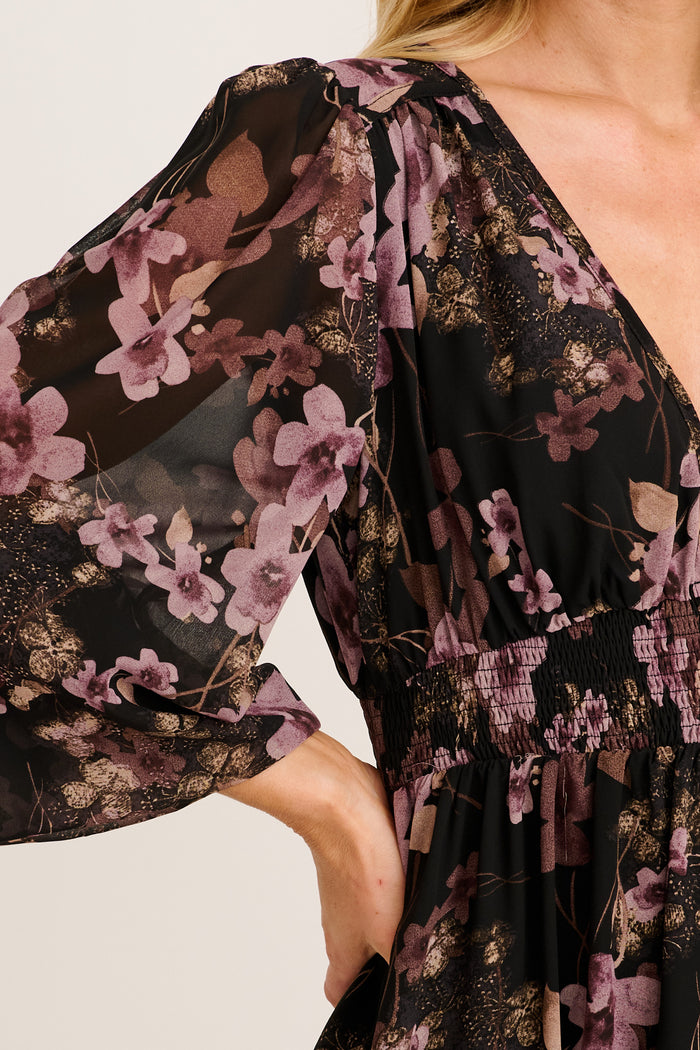 Seeking Thrills Maxi Dress in Black Floral Chiffon detail