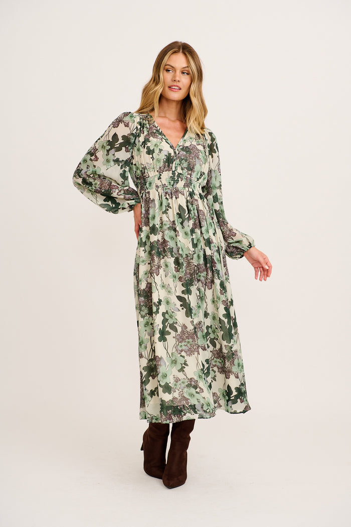 Seeking Thrills Maxi Dress in Cream with Green Floral Chiffon full length