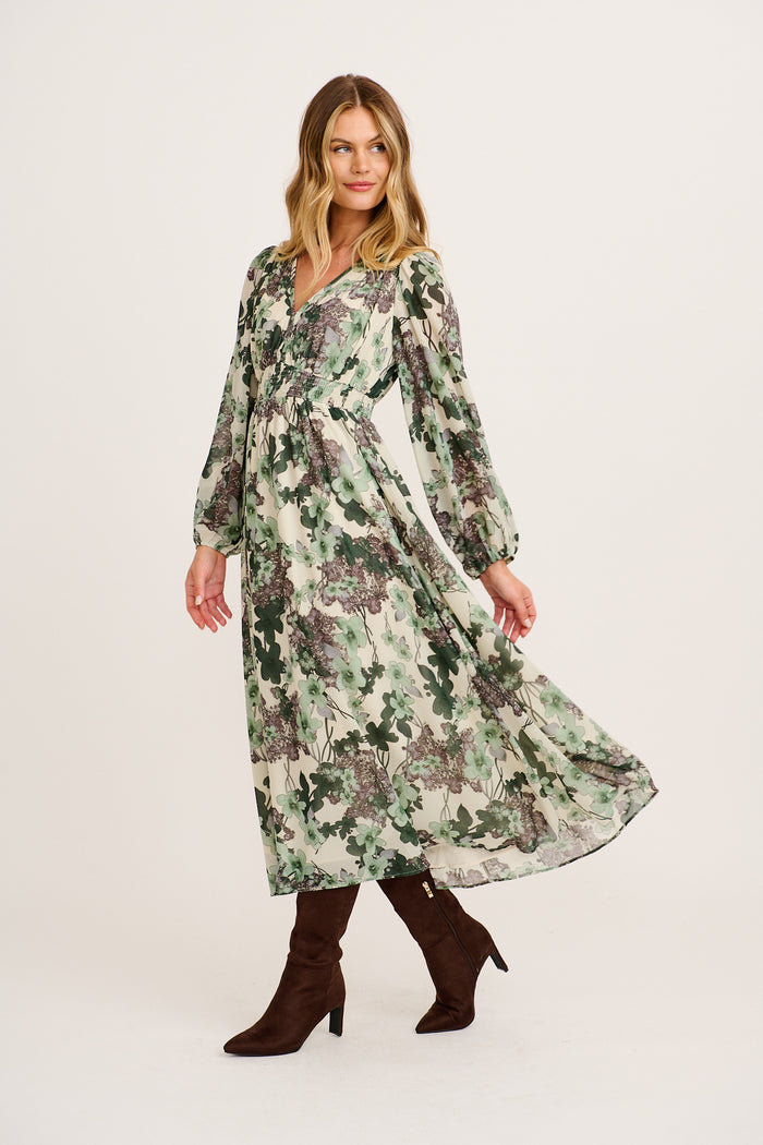 Seeking Thrills Maxi Dress in Cream with Green Floral Chiffon side