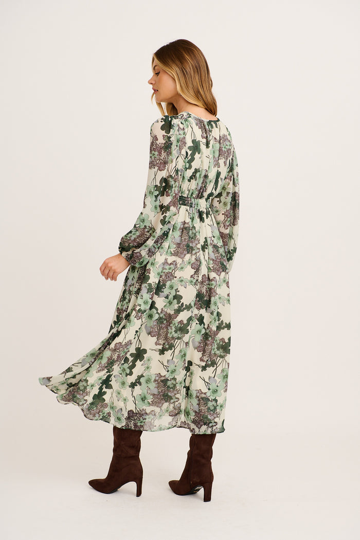 Seeking Thrills Maxi Dress in Cream with Green Floral Chiffon back