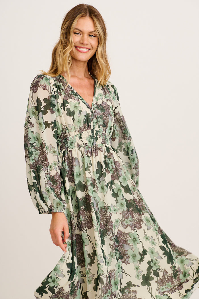 Seeking Thrills Maxi Dress in Cream with Green Floral Chiffon front