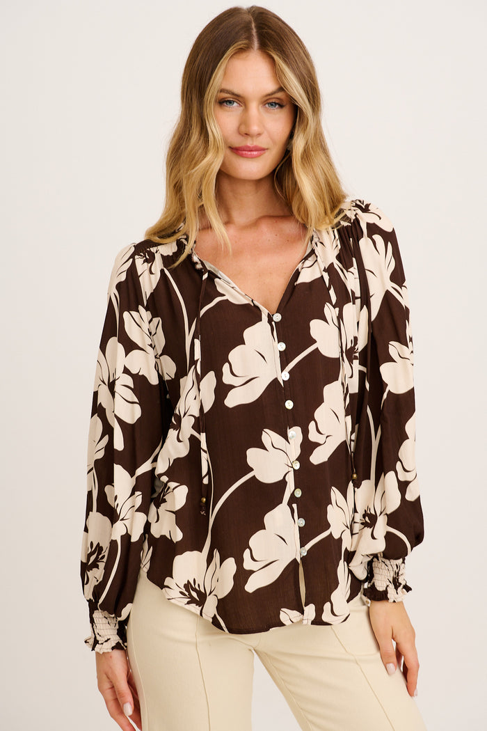 Devotion Top In Chocolate and Cream Floral front