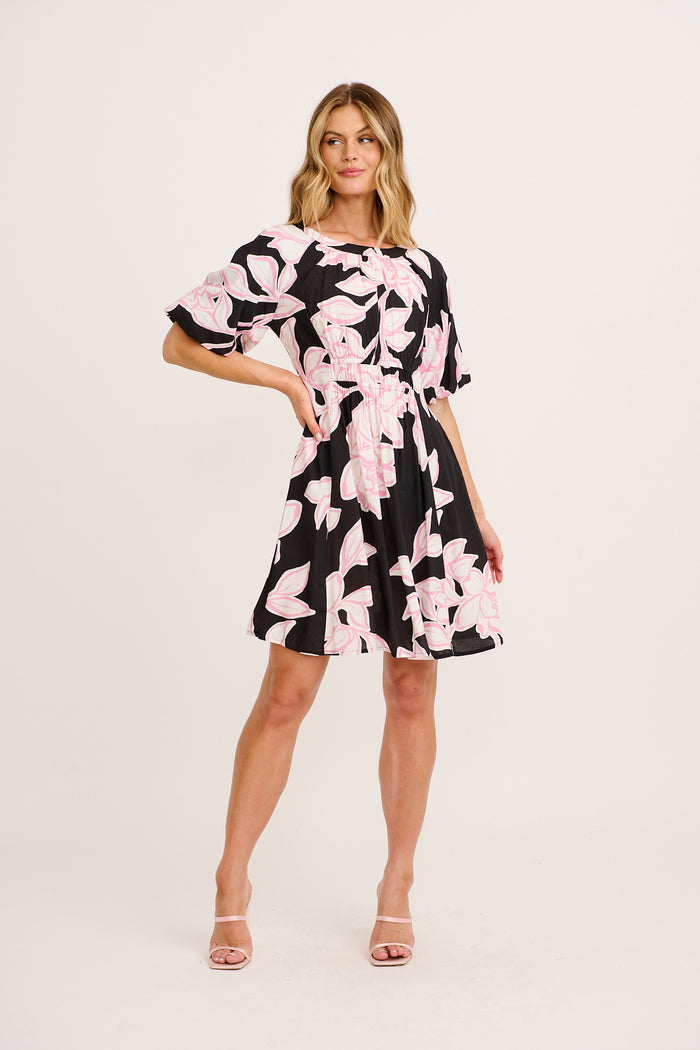 Darling Daze Dress in Black with Pink Floral full length
